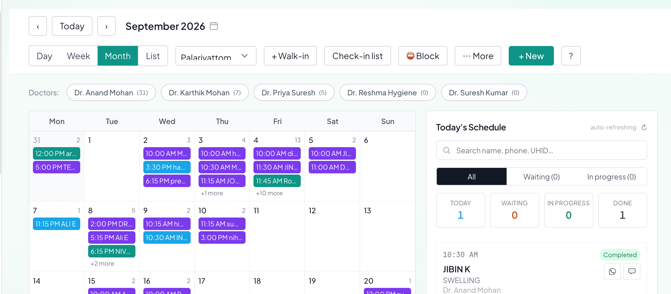 Dento365 appointment calendar with doctor filters and a live Today's Schedule panel