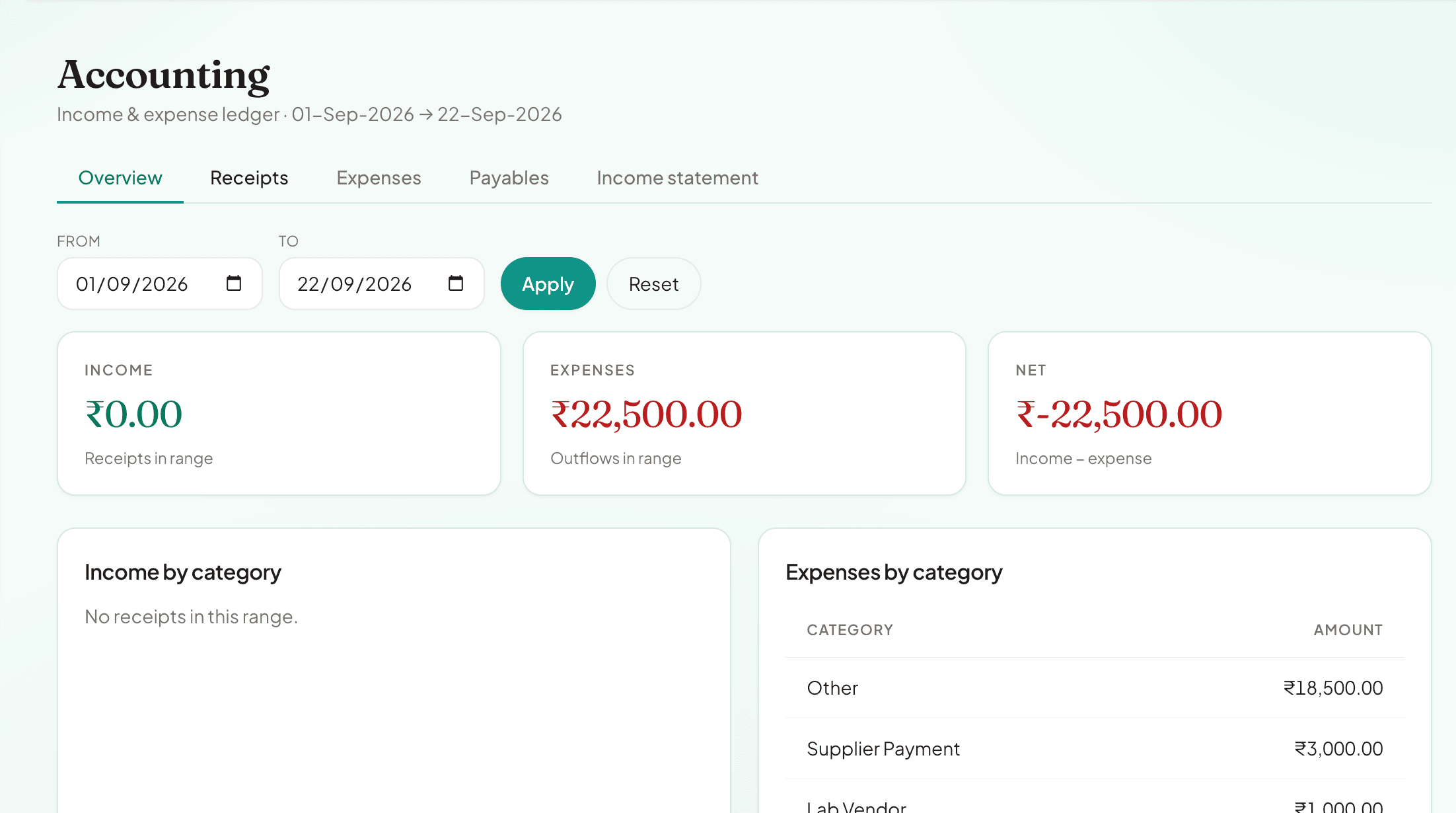 Accounting overview showing income, expenses, and the Payables tab