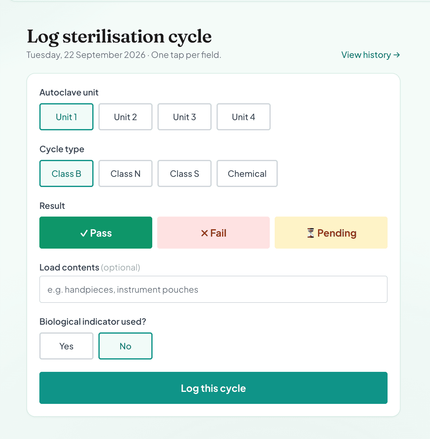 Sterilisation cycle logging screen with cycle type and result